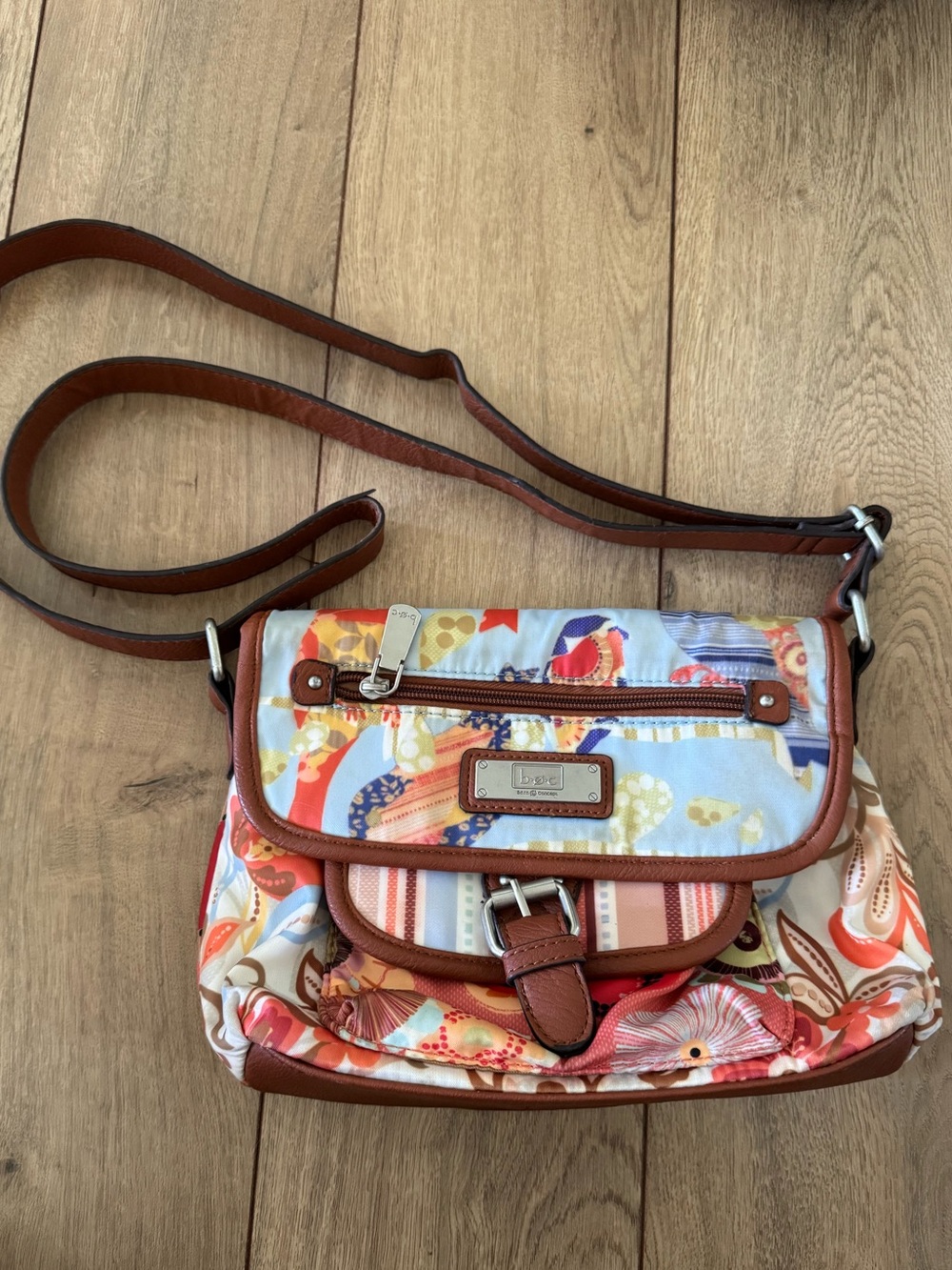 b.o.c. Multicolor Floral Print Crossbody Bag with Brown Trim